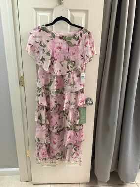 SLNY Pink Floral Tiered Midi Dress with Green Foliage